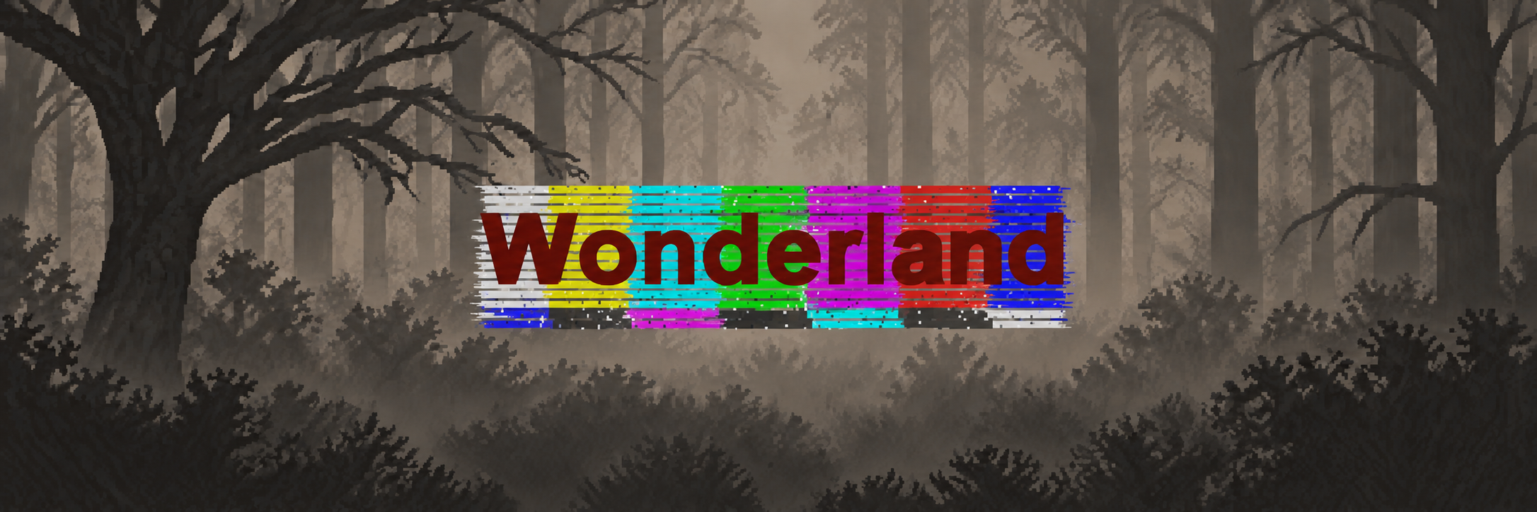 Wonderland:雾中森林、彩条故障与暗红标题